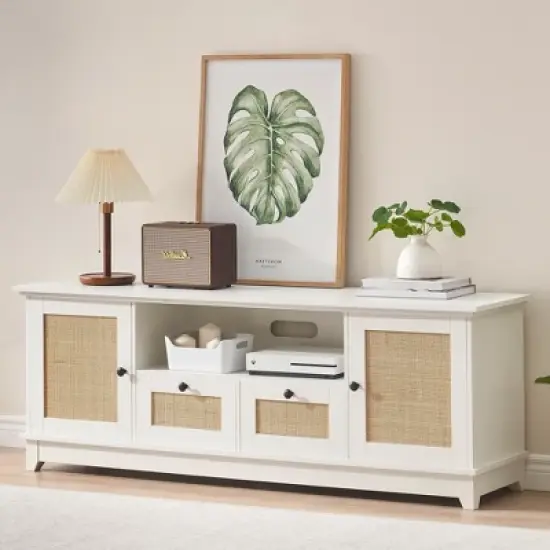 Rattan TV Stand, Modern Entertainment Center for 65/70 Inch TV, White Media Center with 2 Drawers and 2 Cabinets image {6}