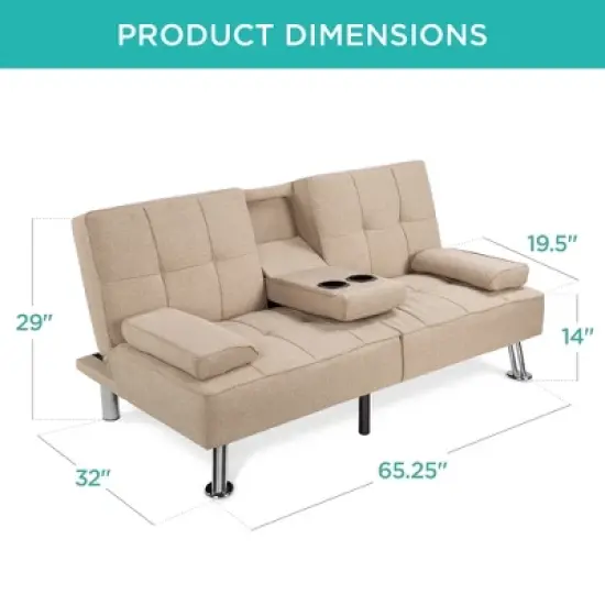 Best Choice Products Modern Linen Convertible Futon Sofa Bed w/ Removable Armrests, Metal Legs, Cupholders image {6}