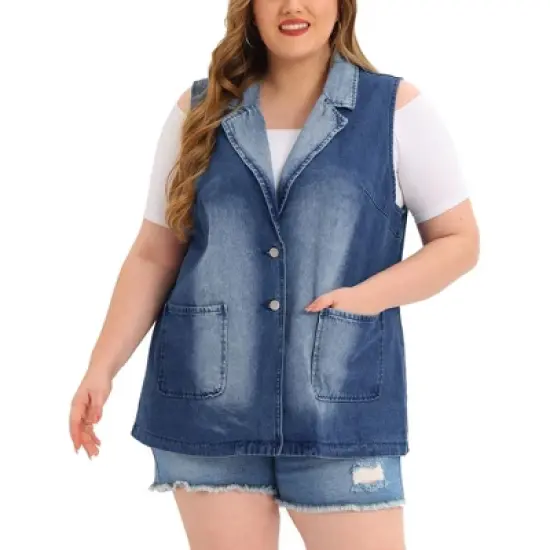 Agnes Orinda Women's Plus Size Denim Relax Notched Lapel Jacket Vest image {9}