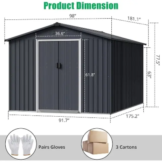 Acekool 8x15 FT Metal Outdoor Storage Shed, Large Garden Tool Shed with Lockable Sliding Door, Vents, Sloped Roof, Waterproof for Backyard, Gray image {5}