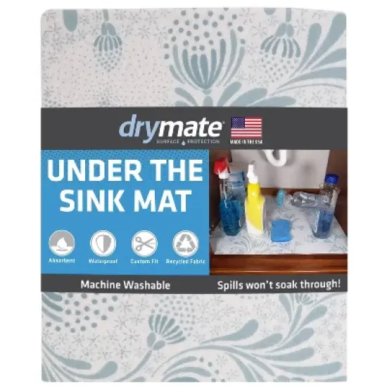 Drymate 24"x59" Under the Sink Mat - Light Blue Floral: Polyester Liner, Machine Washable, Dish Drying Mat image {15}