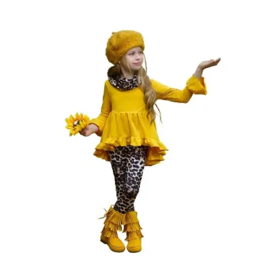 Girls Vibrant Cub Hi-Lo Ruffle Tunic, Leopard Leggings & Scarf Set - Mia Belle Girls image {6}