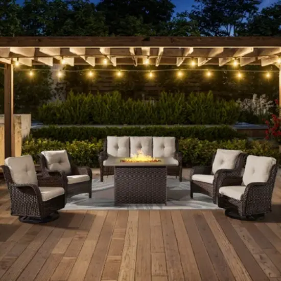 POCASSY 6-Piece Outdoor Furniture Set with Fire Pit Table, All Weather Wicker Outdoor Conversation Set Patio Sofa Set with Swivel Chairs and Fire Pit image {1}