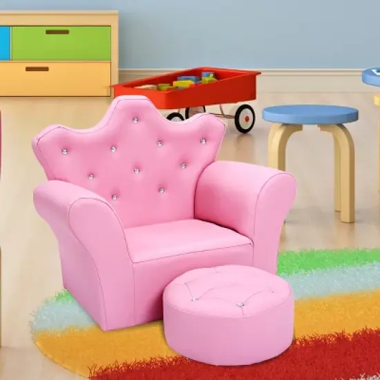Costway Pink Kids Sofa Armrest Chair Couch Children Toddler Birthday Gift w/ Ottoman image {8}