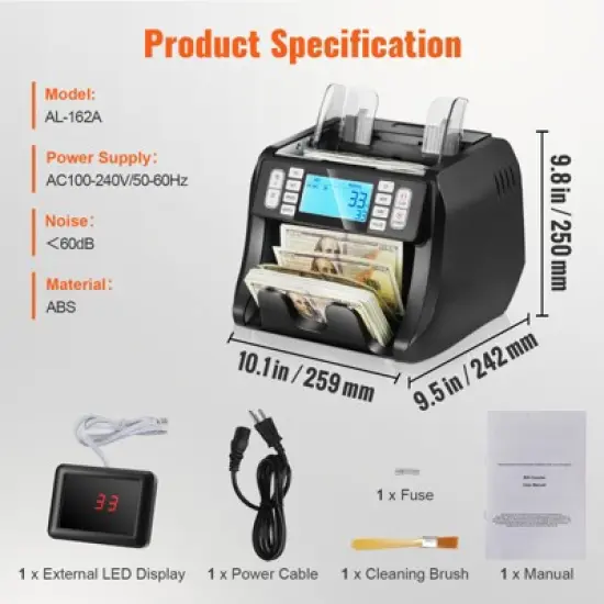 VEVOR Money Counter Machine, Bill Counter with UV, MG, IR and DD Counterfeit Detection, USD & EUR Cash Counting Machine with Add and Batch Modes image {7}