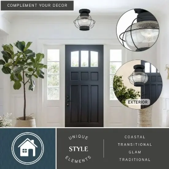 VAXCEL Chatham Black Coastal Globe Outdoor Flush Mount Ceiling Light Clear Glass image {1}