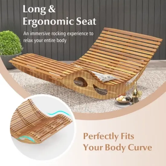 Tangkula 2PCS Outdoor Double Chaise Lounge Chair Acacia Wood Rocking Sunbed with Slatted Backrest and Seat Wooden Loveseat Rocker image {7}