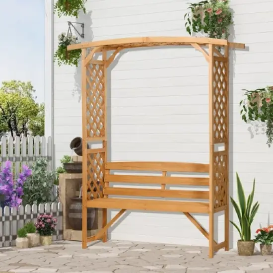 Outsunny Patio Garden Bench Arbor Arch with Pergola and 2 Trellises, 3 Seat Natural Wooden Outdoor Bench for Grape Vines & Climbing Plants image {1}