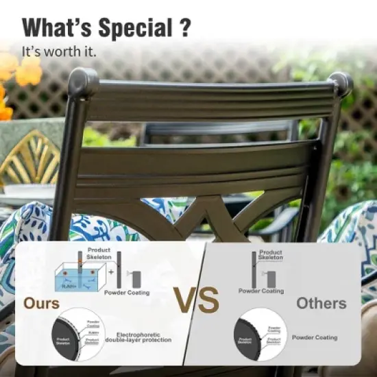 Captiva Designs 9pc Spacious Slat-top Square Metal Table with Umbrella Hole & Fixed Metal Chairs with Cushions image {11}