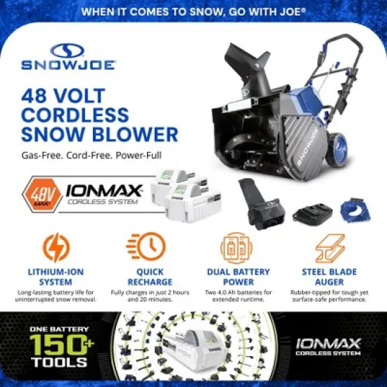 Snow Joe 48V Cordless Electric Snow Blower Kit, 1200W Brushless Motor, 18" Clearing Path - 20' Throw w/Cover, Ice Scraper & Headlight, 24V-X2-SB18-TV1 image {1}