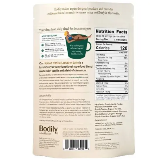 Bodily Organic Vegan Lactation Latte Powder, Lactation Support for Breastfeeding - Spiced Vanilla - 14.67oz image {1}