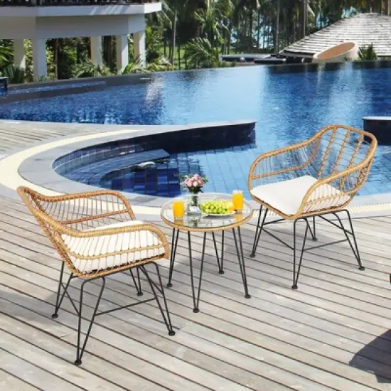Costway 3PCS Patio Rattan Bistro Furniture Set Cushioned Chair Table image {1}