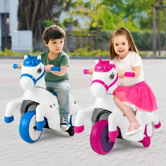 Costway 12V Kids Ride on Unicorn Toy w/ Training Wheels Music One-button Start Horse Toy image {1}