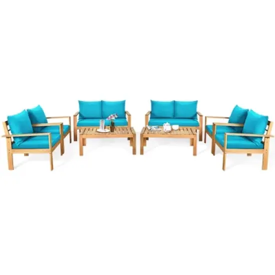Costway 8PCS Patio Furniture Set Acacia Wood Thick Cushion Loveseat Sofa Off White\Turquoise\Grey image {2}