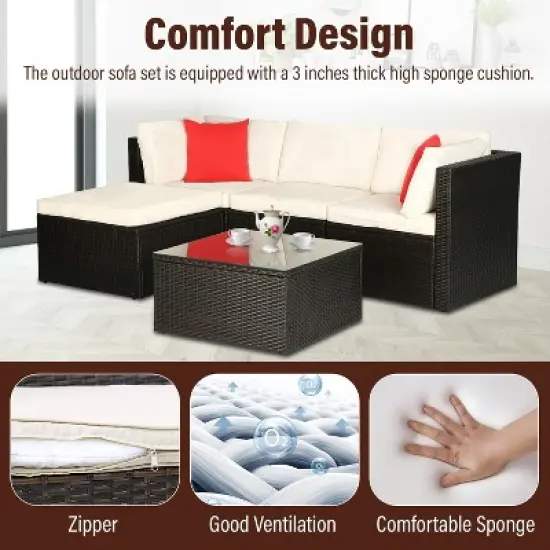 FDW 5-Piece Rattan Patio Furniture Set Modern Outdoor Sectional Sofa Conversation Sofa Set  with Corner Chairs Pillow and Glass-Top Table, Khaki image {4}