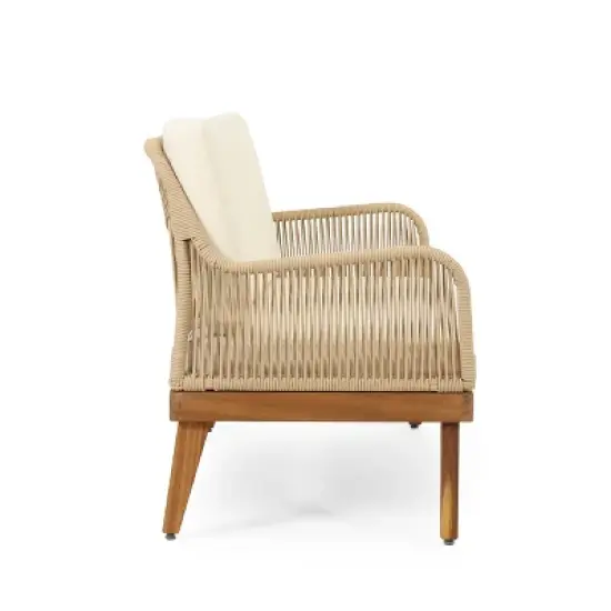 GDFStudio Hueber Outdoor Acacia Wood and Rope 4 Seater Chat Set with Cushions, Teak, Light Brown, and Beige image {5}