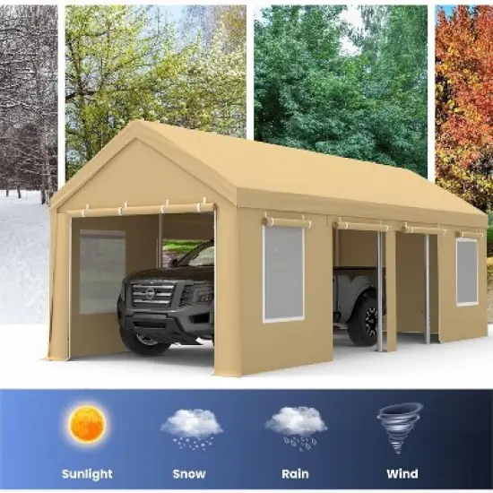 13x25ft Yellow Heavy Duty Carport Canopy, Portable Garage Shelter with Roll-up Windows, Reinforced Frame, Waterproof Cover image {7}