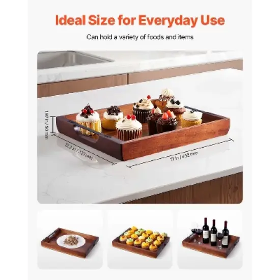 VEVOR Wood Serving Tray, Acacia Wooden Tray Board with Handles, Decorative Rustic Serving Trays Platter, Walnut Wood Color image {3}