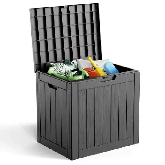 Dolonm 30 Gallon Deck Box, Outdoor Storage Box, with Lockable Lid & Woodgrain Design - All-Weather Resistant,Black image {2}