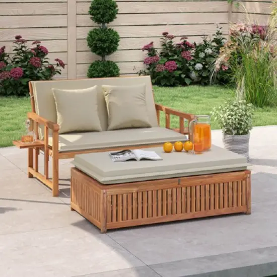Costway Outdoor Wooden Daybed with 4-Level Backrest & Removable Cushions for Poolside image {3}