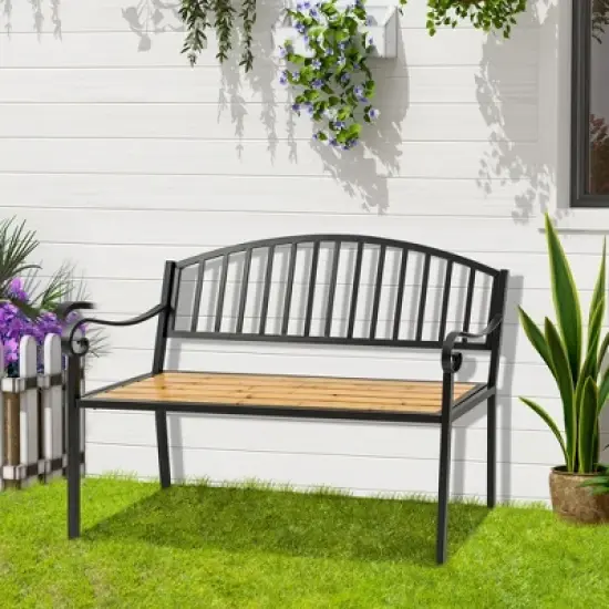 Outsunny 50" Garden Bench, Patio Loveseat with Antique Backrest, Wood Seat and Steel Frame for Backyard or Porch image {2}