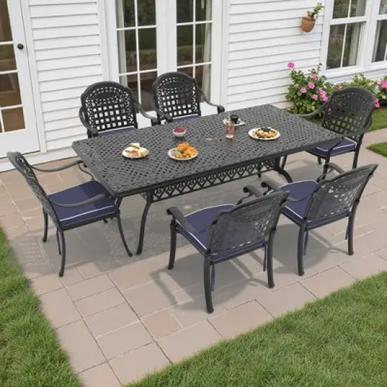 7-Piece Durable Cast Aluminum Outdoor Dining Set - Rectangle Table & Stackable Chairs Comfortable Blue Cushions - Perfect Patio & Backyard Furniture image {10}
