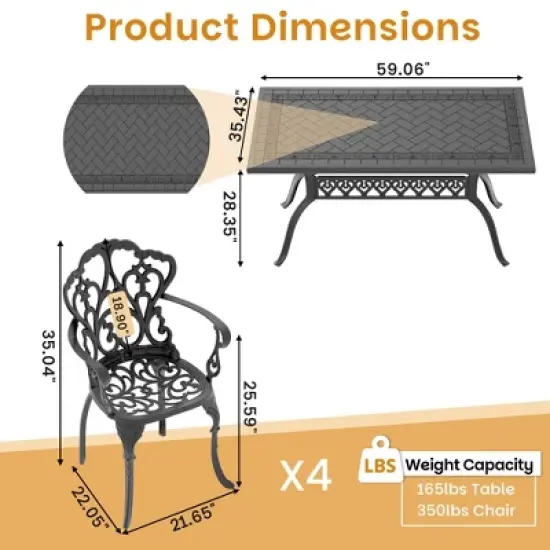 (5-PC)Premium Black Cast Aluminum Patio Set - Weather-Resistant Outdoor Table & Chairs with Beige Cushions image {3}