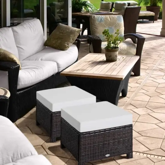 Outsunny 2 Pc 20" Outdoor PE Rattan Wicker Ottoman, Fade-Resistant Patio Footrest with Soft Cushion, Steel Frame, Dark Brown, White image {2}