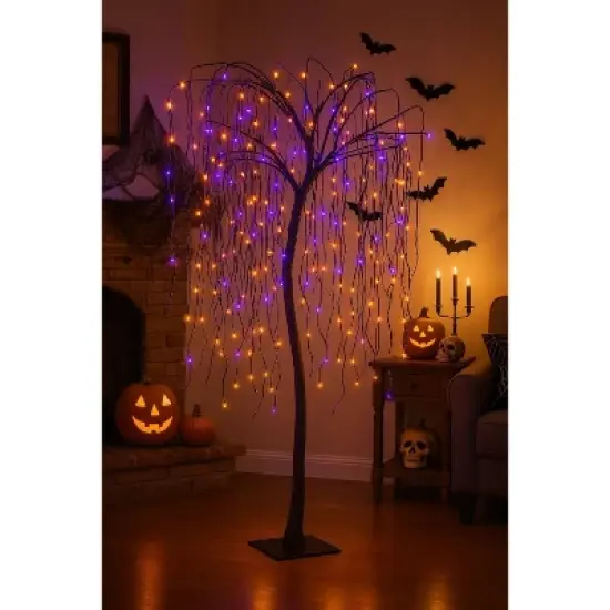 LIGHTSHARE Electric Halloween Willow Tree with Spiders Cobweb LED Outdoor Light Stakes Orange image {1}