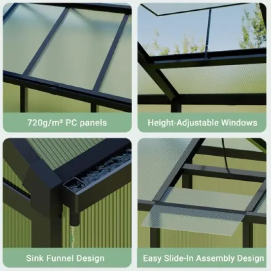 6x10 Ft Aluminum Frame Polycarbonate Accessible Greenhouses with Roof Vents and Sliding Doors Suitable for Outdoor Gardens and Backyards, Black image {6}