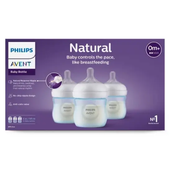 Philips Avent 3pk Natural Baby Bottle with Natural Response Nipple - Blue - 4oz image {1}