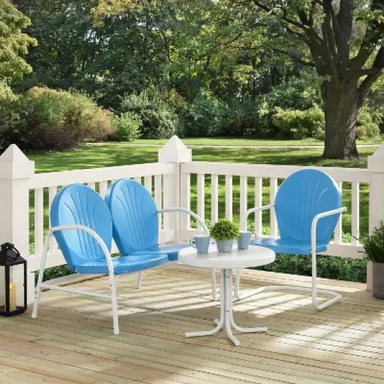 Griffith 3pc Outdoor Conversation Set with Loveseat, Arm Chair & Accent Table - Sky Blue - Crosley image {3}