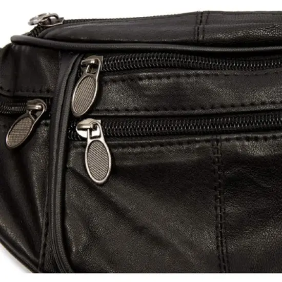 Juvale Fanny Pack, Genuine Sheep Leather Waist Bag Pouch with Multiple Pockets, for Travel Hiking Running Cycling, Black image {5}