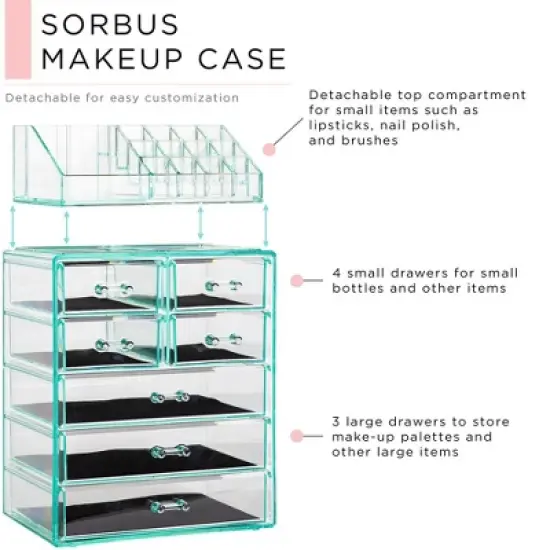 Sorbus Medium Makeup Organizer Set - (3 Large / 4 Small Drawers/Top Tray) Teal image {1}