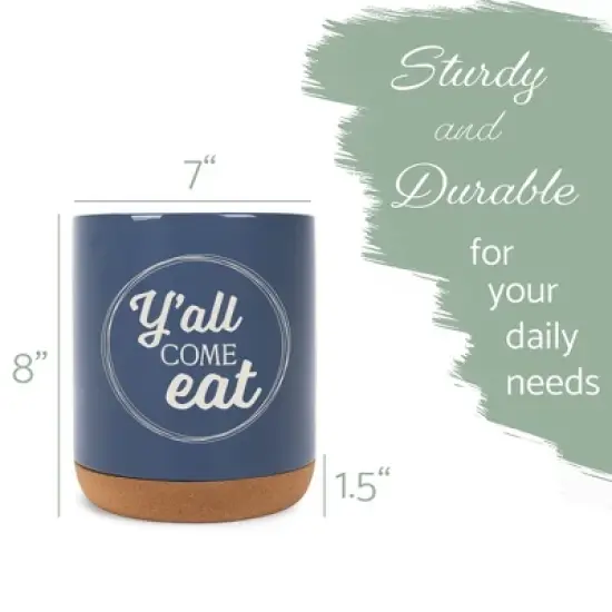 Elanze Designs Y'all Come Eat Southern Accent Ceramic Cork Bottom Navy Blue Large Capacity Utensil Holder Crock for Countertop Storage, Stylish & image {1}