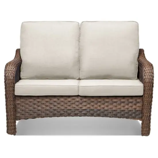 Buenhomino Patio Wicker Sofa Brown Rattan Loveseat Outdoor Couch with Cured Armest & Water Resistant Cushions Sofa for Balcony Backyard Poolside image {7}