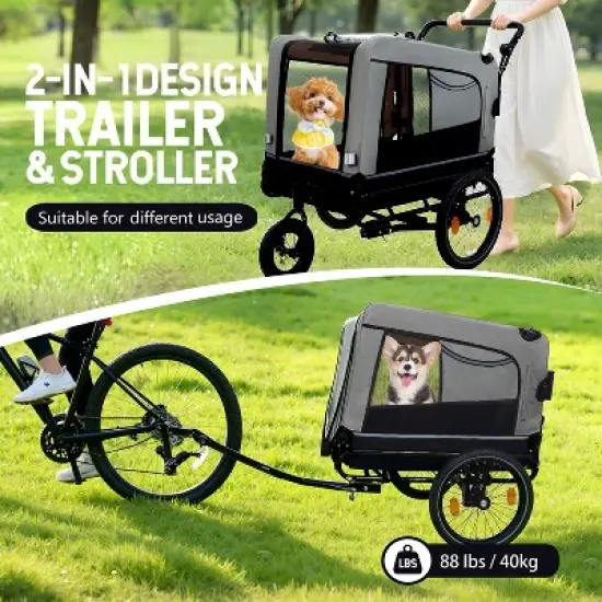 2-in-1 Bike Trailer & Push Cart for Pets - Detachable Bike Hitch & Push Handle Included - All-Terrain Wheels,Holds Pets Up to 88 lbs image {1}