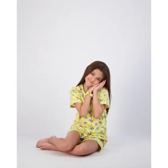 Sleep On It 2-Piece Girl's Pajama Shorts Set Featuring Multicolored Butterflies with Matching Scrunchie - Yellow Girls Sleepwear Set image {6}