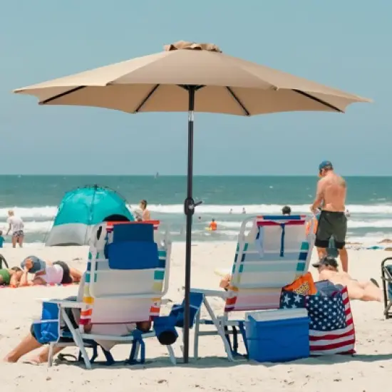 DOMETOUR 9 foot outdoor patio umbrella with button tilt and crank, Outdoor patio/market table umbrella UV protected and waterproof, khaki image {8}