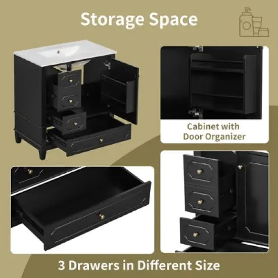Whisen 30" Bathroom Vanity with Sink, Soft-Close Door & 3 Drawers image {6}