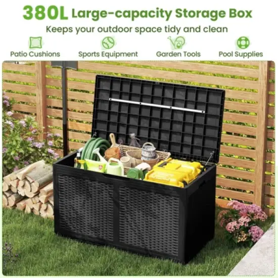 Tangkula 103 Gallon Resin Outdoor Storage Box Waterproof Deck Box w/ Lockable Lid & Wheels Brown/Black/Grey image {7}
