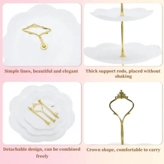 Unique Bargains 3 Tier Dessert Cupcake Stand Round Tiered Serving Tray for Donuts Fruits White Gold Tone image {2}