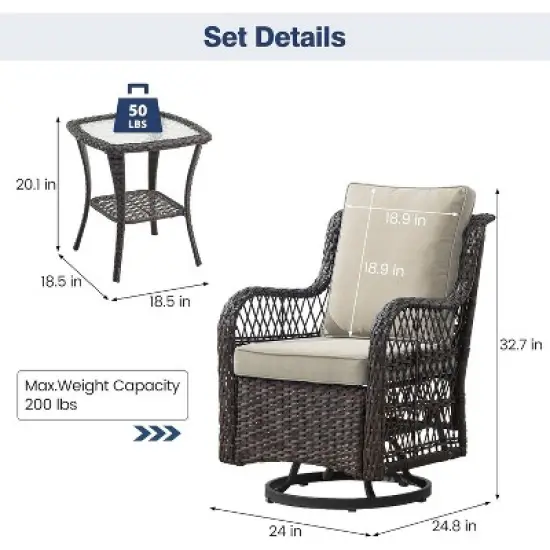 3 Pieces Outdoor Swivel Rocker Chair Set Swivel Glider Rocker Rocking Chair Set with Glass Top Table with Thick Cushions for Backyard, Balcony, Deck image {7}