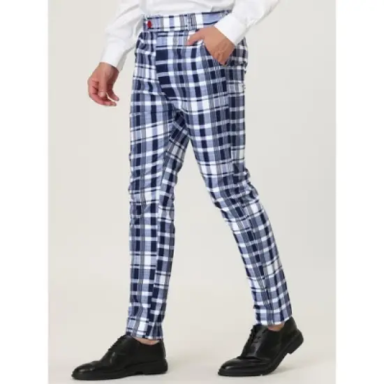 Lars Amadeus Men's Color Block Slim Fit Flat Front Plaid Dress Pants image {1}