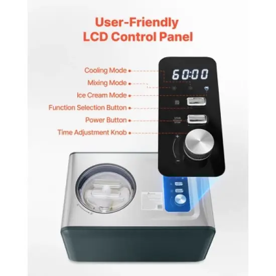 VEVOR Automatic Ice Cream Maker with Built-in Compressor, 1.5 Quart No Pre-freezing Gelato Maker, Stainless Steel Electric Sorbet-Maker, Black&Silver image {4}
