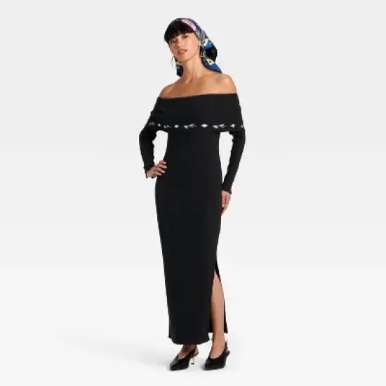 Latino Heritage Month Women's Long Sleeve Off the Shoulder Maxi Bodycon Dress - Black image {2}