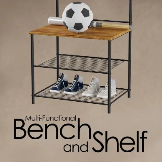 Hastings Home Entryway Bench with Coat Rack, Seat, Hooks, and Shoe Storage, Black image {1}