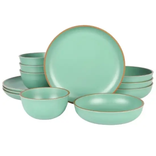 Gibson Home Rockabye 12 Piece Double Bowl Melamine Dinnerware Set in Green image {9}