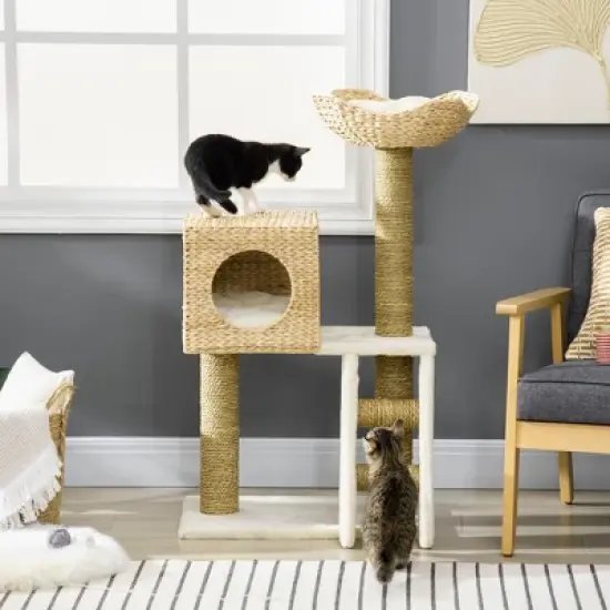 SKYONE 37 Inch Cream White Cat Tree with Solid Wood Scratching Posts, Cattail Bed, Washable image {2}
