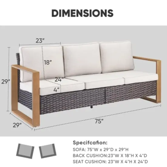 Buenhomino Patio Couch with High Back, 75" 3 Seats Outdoor Sofa, All Weather PE Wicker Couch with 4-inch Cushion for Porch, Backyard, Balcony, Deck image {2}